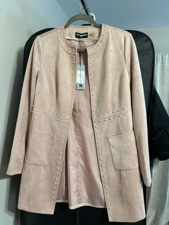 Karl Lagerfeld Blush Pink Pearl-Stud Suede Longline Coat - Picture 4 of 5